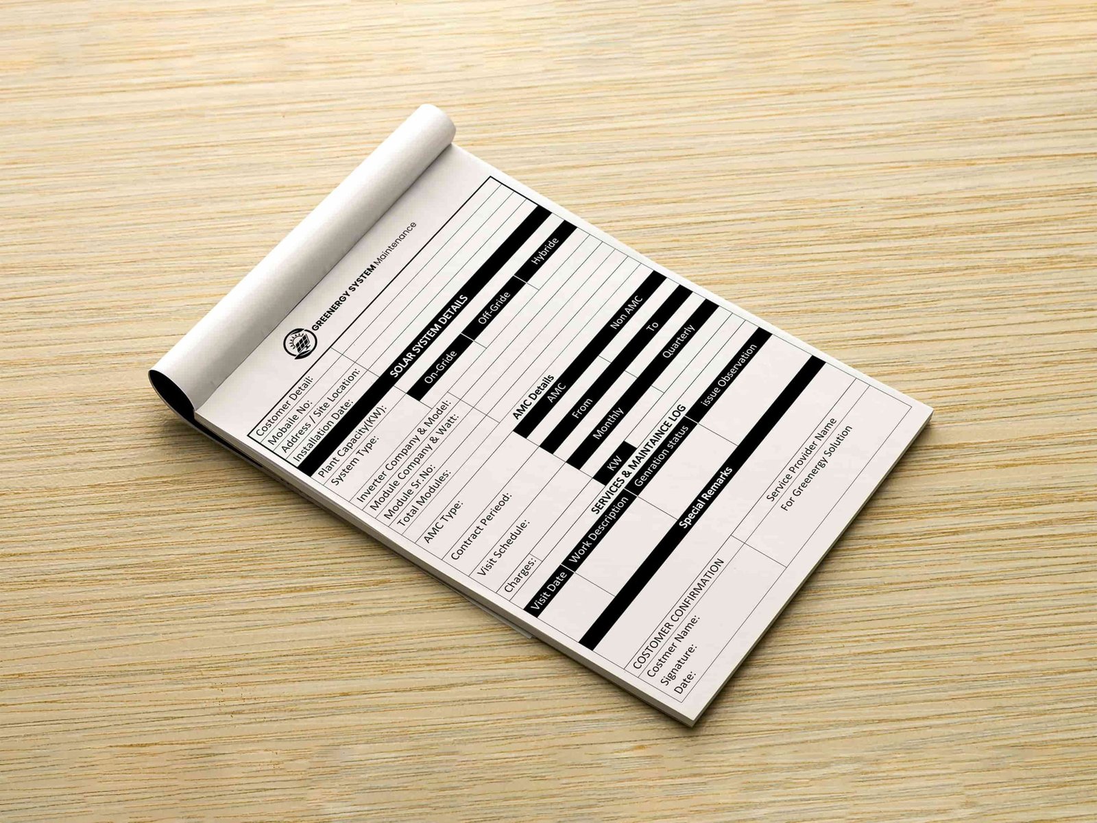 Custom service bill book printing for solar energy and renewable power companies in Gandhinagar